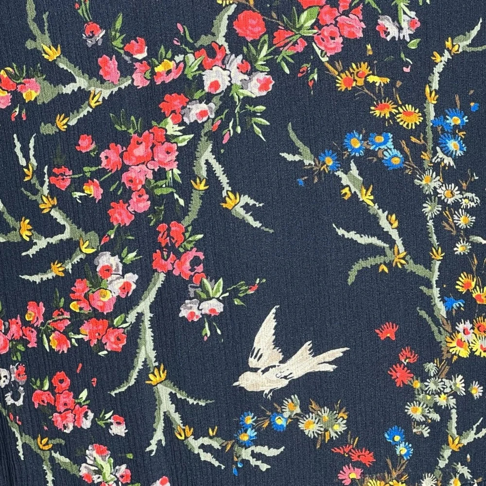The Kooples Navy Blue Bird Print Silk Chiffon Dress Size Medium Ruffle Mini - Picture 9 of 16